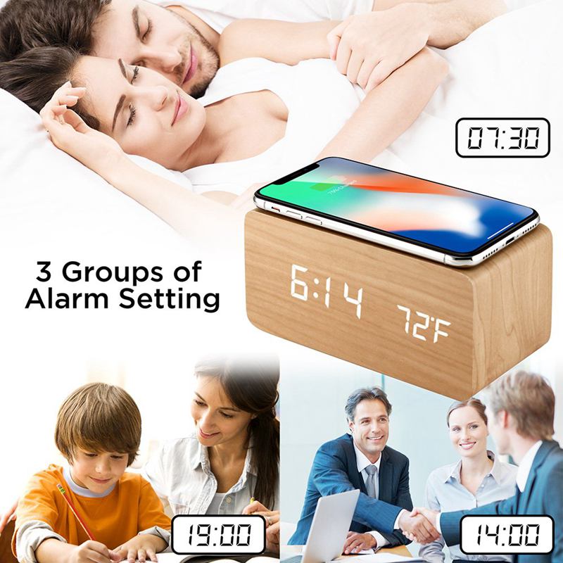 Wooden Digital Alarm Clock With Qi Wireless Charging Pad Compatible With Apple and Android.