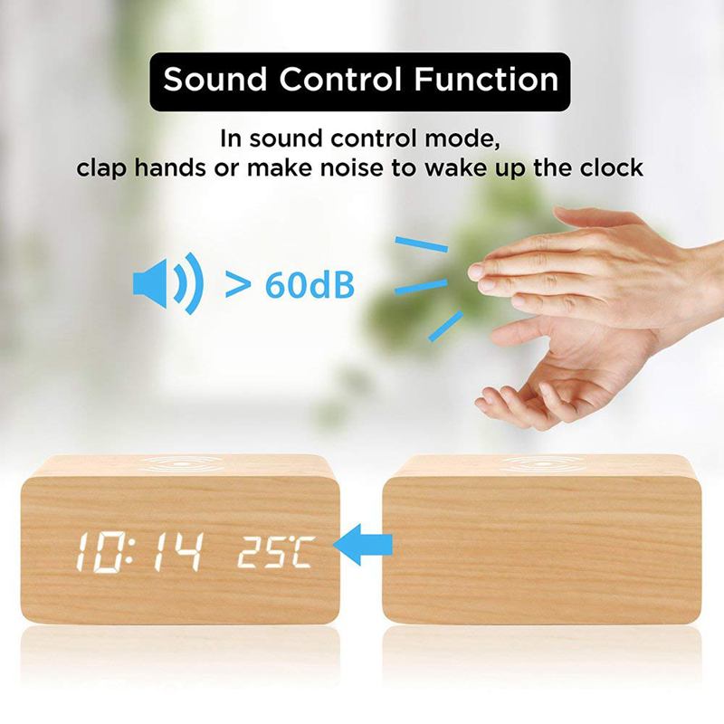 Wooden Digital Alarm Clock With Qi Wireless Charging Pad Compatible With Apple and Android.